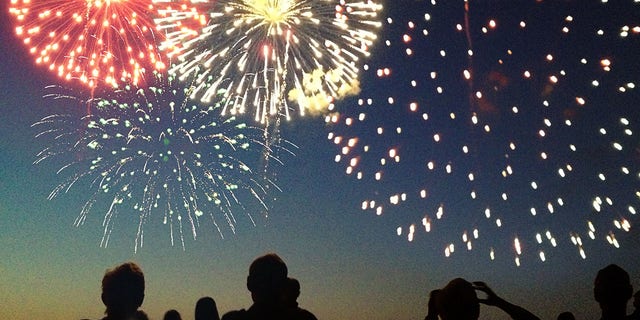 Fourth of July Fireworks Exploding Over Celebrating Spectators in Silhouette
