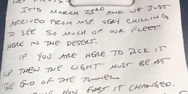 First Officer Chris Dennis left this note on a Delta airplane on March 23, 2020, as he was parking it for storage at the beginning of the pandemic. (Courtesy of Delta Air Lines)
