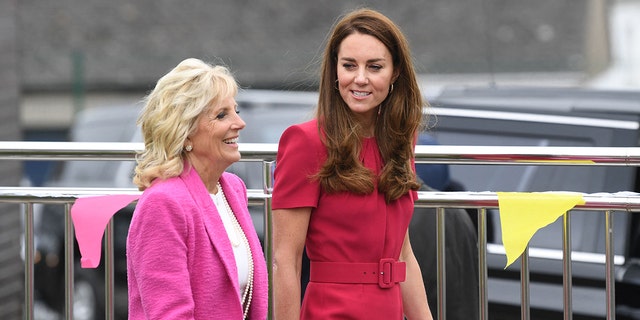 Britain's Catherine, Duchess of Cambridge and US First Lady Jill Biden visit Connor Downs Academy in Hayle, Cornwall on the sidelines of the G7 summit on June 11, 2021. (Photo by DANIEL LEAL-OLIVAS / various sources / AFP) (Photo by DANIEL LEAL-OLIVAS/AFP via Getty Images)