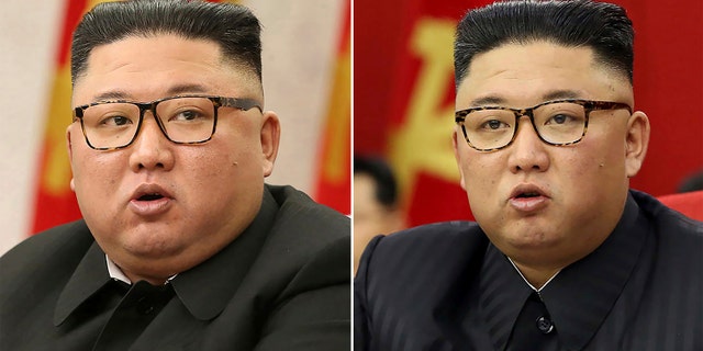 FILE - This combination of archive photos provided by the North Korean government shows North Korean leader Kim Jong Un at Workers' Party meetings in Pyongyang, North Korea on February 8, 2021, left, and the June 15, 2021. North Korean state TV quoted an unidentified resident as saying citizens are heartbroken because of Chief Kim "emaciated looks." The comments are a rare acknowledgment of outside speculation that Kim has recently lost a lot of weight. Independent journalists were not allowed to cover the event depicted in this image released by the North Korean government. The contents of this image are as supplied and cannot be independently verified. (Korean Central News Agency / Korean News Service via AP, file)