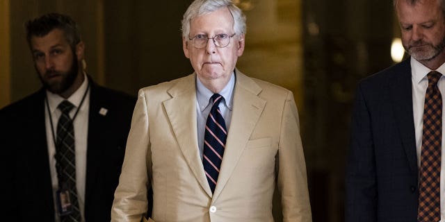 Senate Minority Leader Mitch McConnell, a Republican from Kentucky, walks toward the Senate floor at the U.S. Capitol building in Washington, D.C., on Monday, June 7, 2021. McConnell has called on President Biden to "immediately" pull Tracy Stone-Manning's nomination for Bureau of Land Management (BLM) director. (Samuel Corum/Bloomberg via Getty Images)