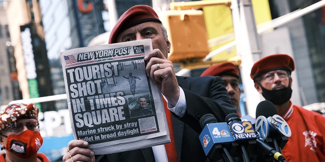 Sliwa speaks to the media in Times Square following another daytime shooting in the popular tourist destination on June 28, 2021 in New York City. Sliwa and Democrat Eric Adams are both running on a 