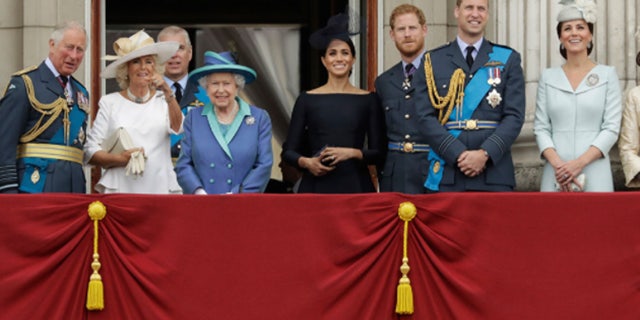 Queen Elizabeth's birthday: in numbers 4 Members of the Royal Family gather on the balcony of Buckingham Palace, with from left, Prince Charles, Camilla the Duchess of Cornwall, Prince Andrew, Queen Elizabeth II, Meghan the Duchess of Sussex, Prince Harry , Prince William and Kate the Duchess of Cambridge as they watch a flypast of Royal Air Force planes fly over Buckingham Palace.