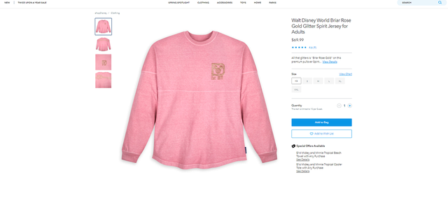 A shopDisney.com listing shows the Walt Disney World Briar Rose Gold Glitter Spirit Jersey for Adults retails for $69.99. TikTok user Amanda DiMeo requested this shirt in May 2021 with the complimentary merchandise voucher Magic Kingdom cast members gave her.