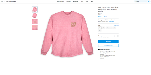 A shopDisney.com listing shows the Walt Disney World Briar Rose Gold Glitter Spirit Jersey for Adults retails for $69.99. TikTok user Amanda DiMeo requested this shirt in May 2021 with the complimentary merchandise voucher Magic Kingdom cast members gave her.
