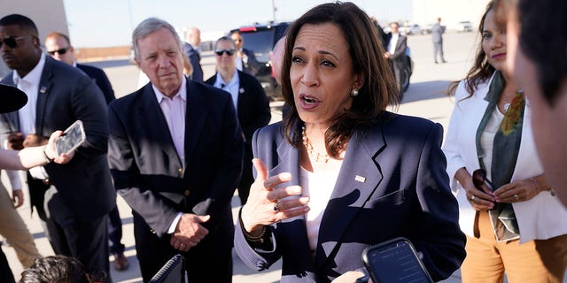 Vice President Kamala Harris talks to the media after stepping off Air Force Two, Friday, June 25, 2021, on arrival to El Paso, Texas.  (AP Photo/Jacquelyn Martin)