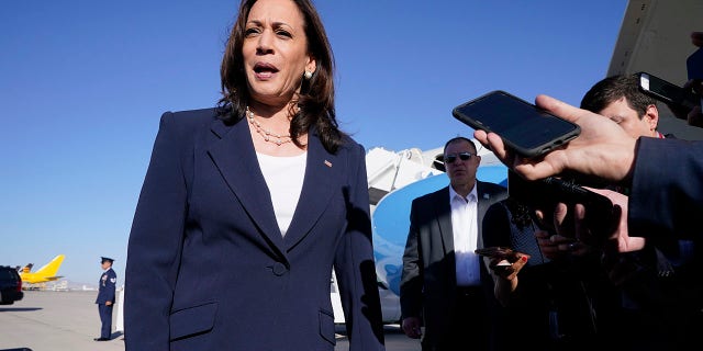 Vice President Kamala Harris talks to reporters after stepping off Air Force Two, Friday, June 25, 2021, on arrival to El Paso, Texas. She hasn't returned to the U.S.-Mexico border region since then.