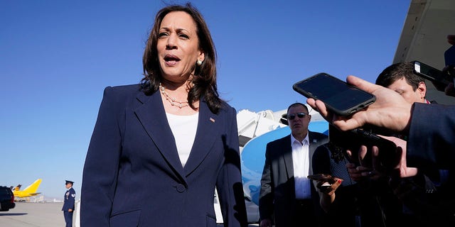 Vice President Kamala Harris talks to reporters after stepping off Air Force Two, Friday, June 25, 2021, on arrival to El Paso, Texas. She hasn't returned to the U.S.-Mexico border region since then.
