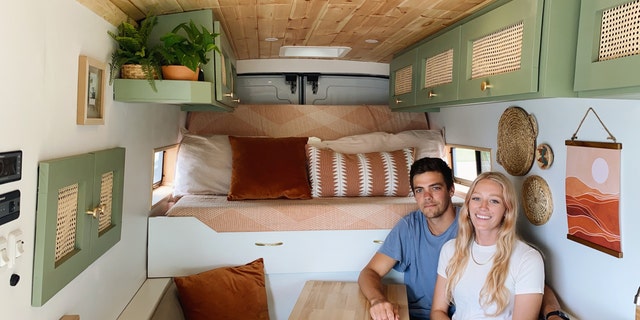 After the coronavirus pandemic canceled their wedding last year, Ben and Malory Landheer decided to quit their jobs and leave Charlotte, North Carolina, to travel around the country in a renovated van. (SWNS)