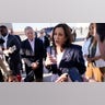 Vice President Kamala Harris talks to the media after stepping off Air Force Two, Friday, June 25, 2021, on arrival to El Paso, Texas. Harris will visit the U.S. southern border as part of her role leading the Biden administration's response to a steep increase in migration. (AP Photo/Jacquelyn Martin)