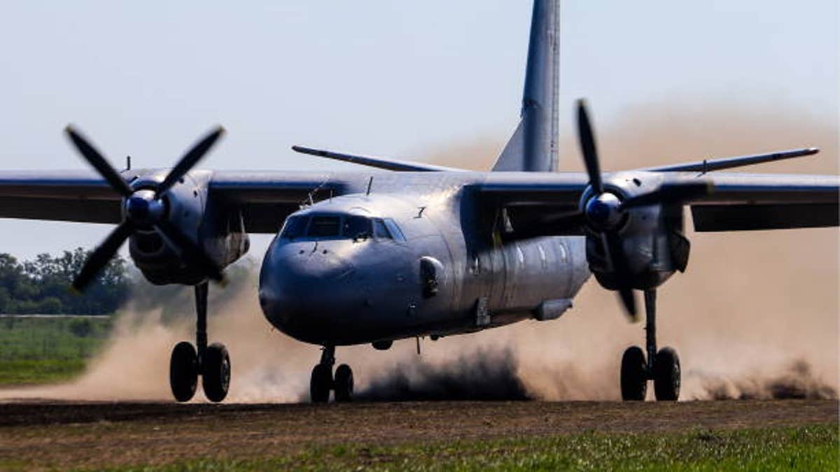 ROSTOV REGION, RUSSIA - JUNE 5, 2018: An Antonov An-26 military transport aircraft during exercises held by the 4th Air and Air Defence Forces Army of the Russian Southern Military District, Russia's Black Sea Fleet, naval infantry and special forces units. Photo by Valery Matytsin TASS via Getty Images