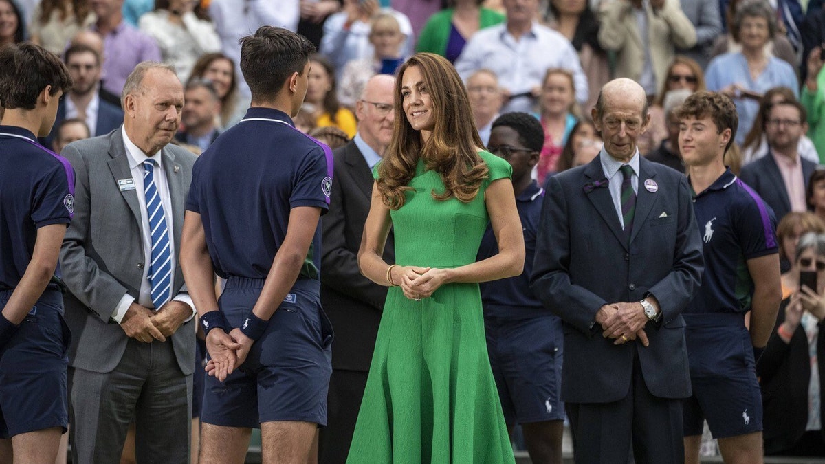 Duchess of Cambridge centre court with ball boys, Wimbledon Tennis Championships July 10