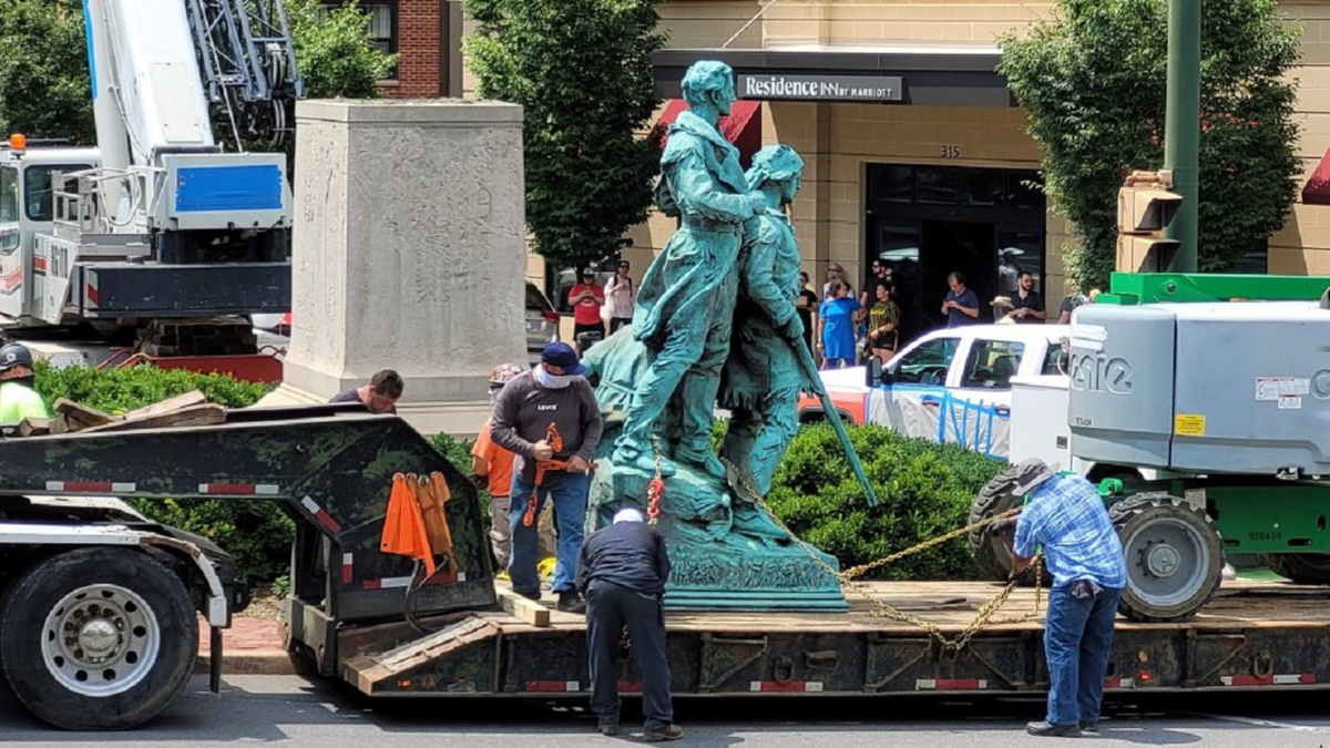 The statue of Lewis & Clark and Sacagawea being hauled away in Charlottesville, Virginia on July 10, 2021 (City of Charlottesville)