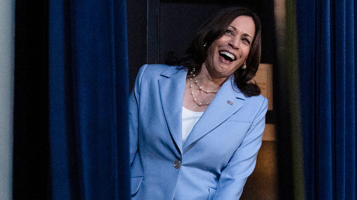 Vice President Kamala Harris laughs after speaking to the Generation Equality Forum, June 30, 2021. (AP Photo/Alex Brandon)