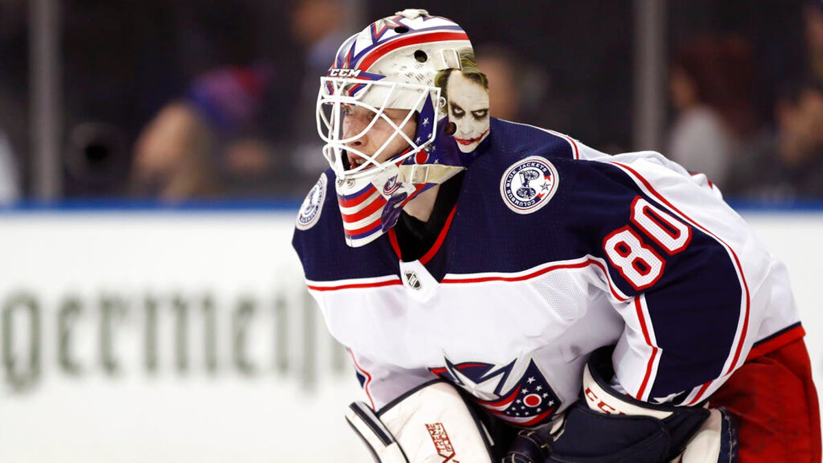 Columbus Blue Jackets goaltender Matiss Kivlenieks (80) is shown during the second period of an NHL hockey game in New York, in this Sunday, Jan. 19, 2020, file photo.