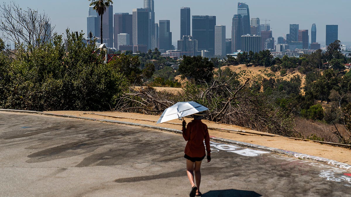 Athlete Sam Richardson uses a UV-Blocking Sun protection umbrella while speed-walking in Elysian Park in Los Angeles Wednesday, July 7, 2021. High heat and record temperatures are expected across the West this weekend. In California's Death Valley, about 150 miles west of Las Vegas, temperatures could reach 130 (54 C). Forecasters warned that much of California will see dangerously hot weekend weather, with highs in triple digits in the Central Valley, mountains, deserts and other inland areas because of strengthening high pressure over the state. Heat warnings did not include major coastal populations. (AP Photo/Damian Dovarganes)