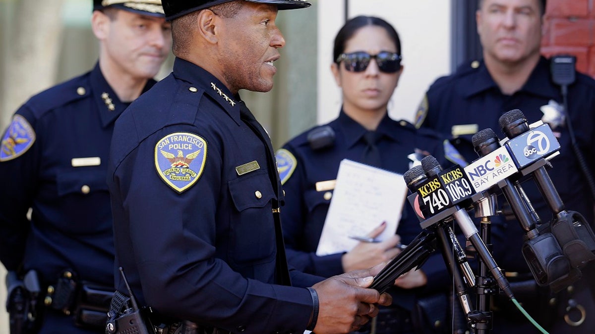 San Francisco Police Chief Bill Scott speaks to reporters in San Francisco. San Francisco saw an increase in shootings in the first half of 2021 compared to the same period in 2020, and a slight uptick in aggravated assaults like those seen in viral videos. Scott said, Monday that retail robberies have declined despite brazen thefts caught on video. (AP Photo/Jeff Chiu, File)