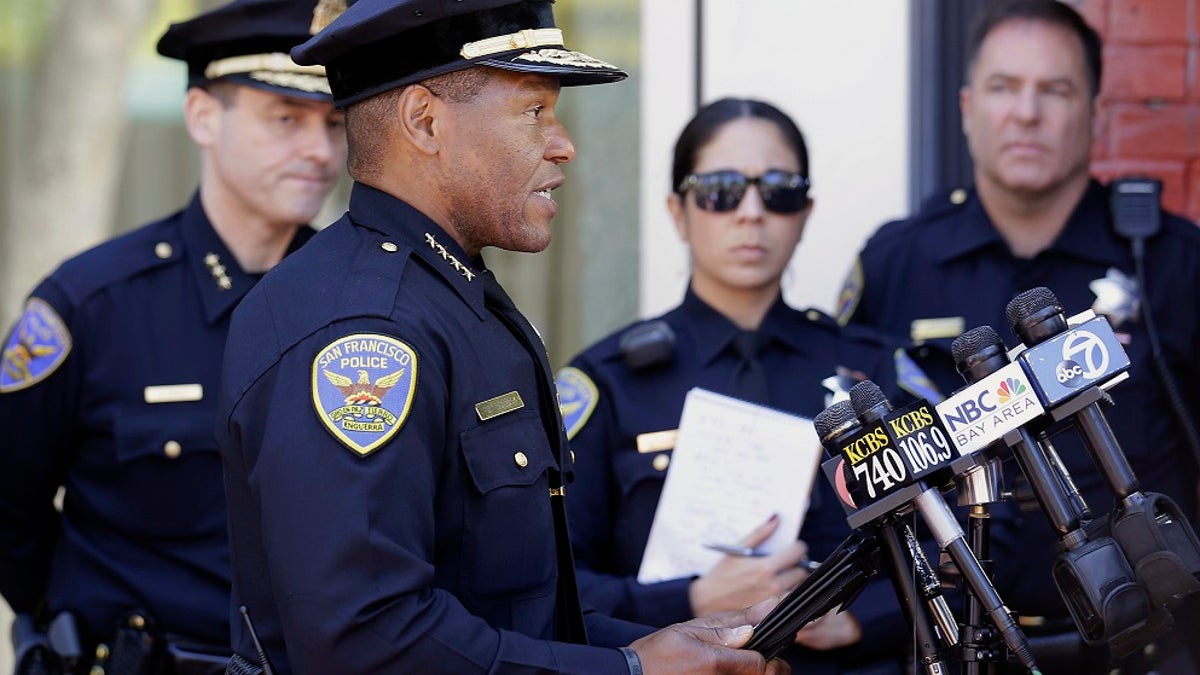 San Francisco Police Chief Bill Scott speaks to reporters in San Francisco. San Francisco saw an increase in shootings in the first half of 2021 compared to the same period in 2020, and a slight uptick in aggravated assaults like those seen in viral videos. Scott said, Monday that retail robberies have declined despite brazen thefts caught on video. (AP Photo/Jeff Chiu, File)