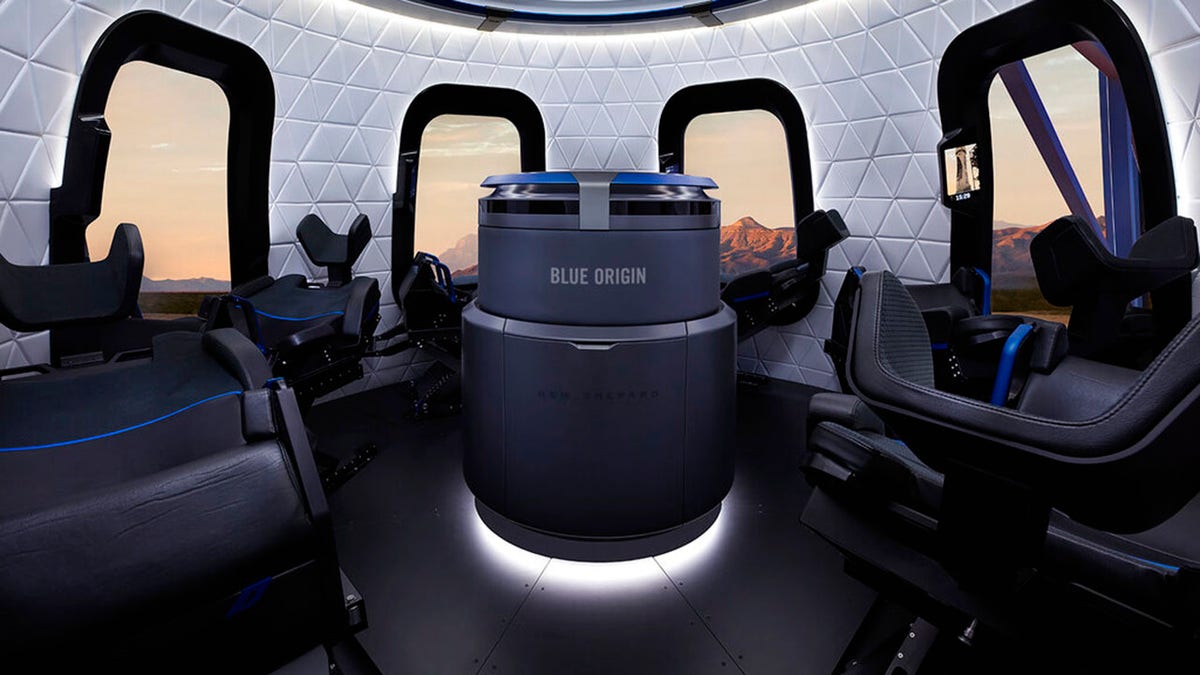 This undated photo made available by Blue Origin shows the interior of the crew capsule. When Blue Origin launches people into space for the first time, Jeff Bezos will be on board. No test pilots or flight engineers for the Tuesday, July 20, 2021, debut flight from West Texas - just Bezos, his brother, an 82-year-old aviation pioneer and a teenager. (Michael Craft/Blue Origin via AP)