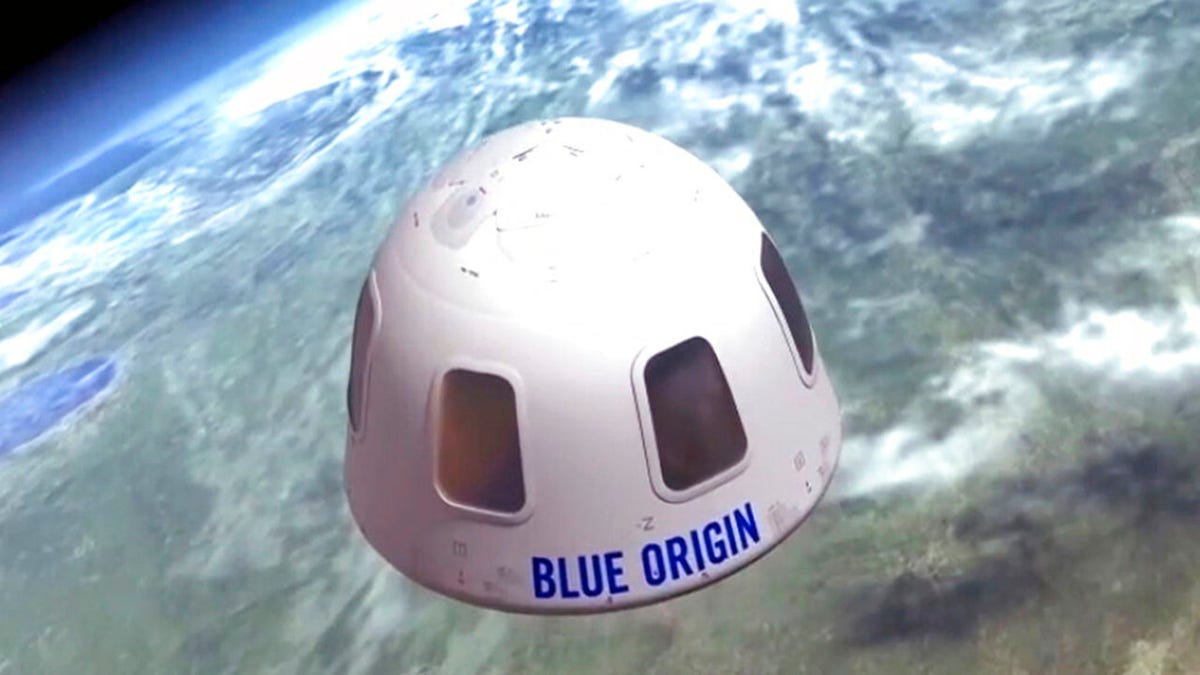 This undated image provided by Blue Origin shows an illustration of the capsule that will be used to take tourists into space. (Blue Origin via AP)