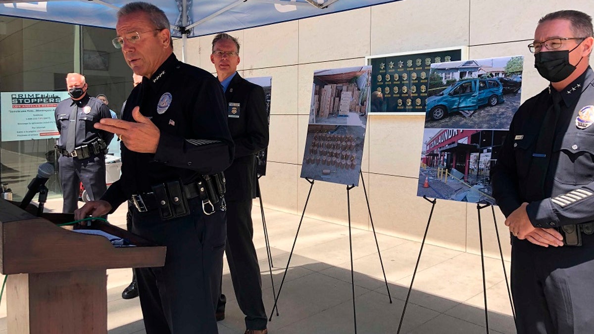 Los Angeles Police Chief Michel Moore talks during a news conference in Los Angeles on Monday. Moore said bomb technicians overloaded a detonation truck with homemade fireworks last month, causing a catastrophic explosion that injured 17 people. (AP Photo/Stefanie Dazio)