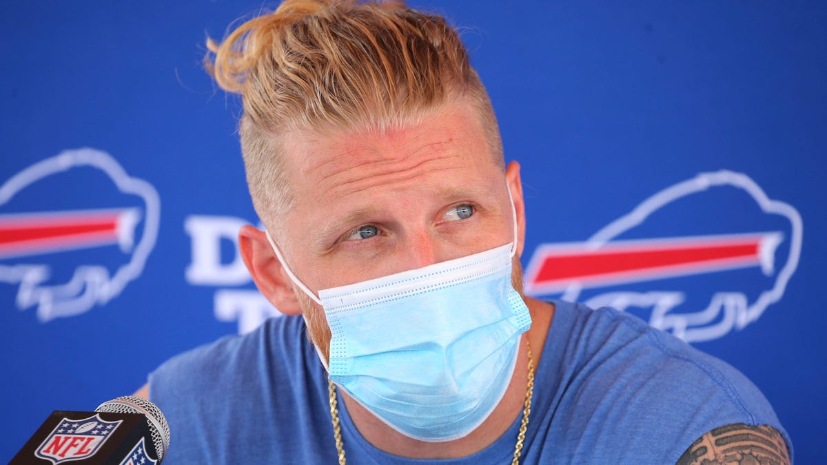 Buffalo Bills receiver Cole Beasley addresses the media following practice at NFL football training camp in Orchard Park, N.Y., Wednesday, July 28, 2021. (AP Photo/Jeffrey T. Barnes)