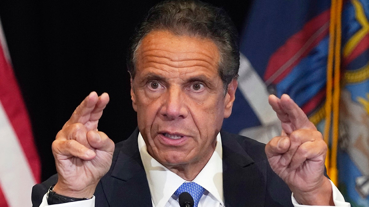 Then-New York Gov. Andrew Cuomo speaks during a news conference at New York's Yankee Stadium, July 26, 2021.