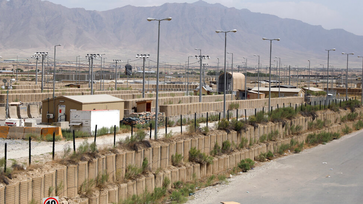 Blast wallls and a few buildings can be seen at the Bagram air base after the American military left the base, in Parwan province north of Kabul, Afghanistan, Monday, July 5, 2021.