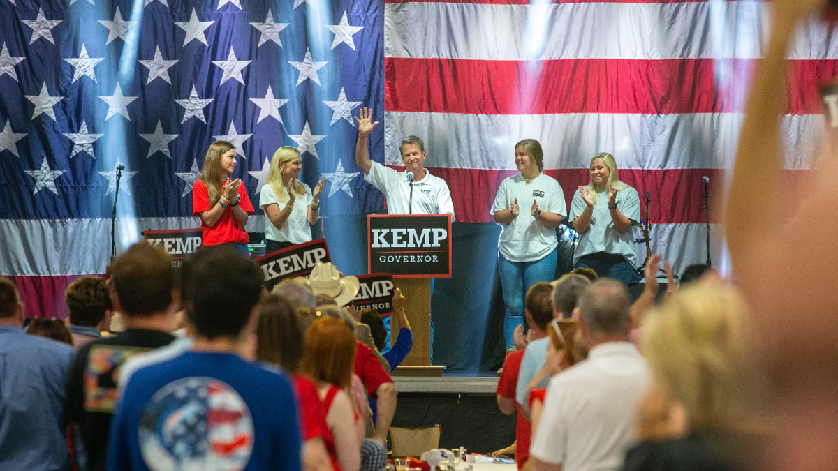 Republican Gov. Brian Kemp of Georgia formally launches his 2022 reelection campaign at a kickoff event in Perry, Georgia, on July 10, 2021.