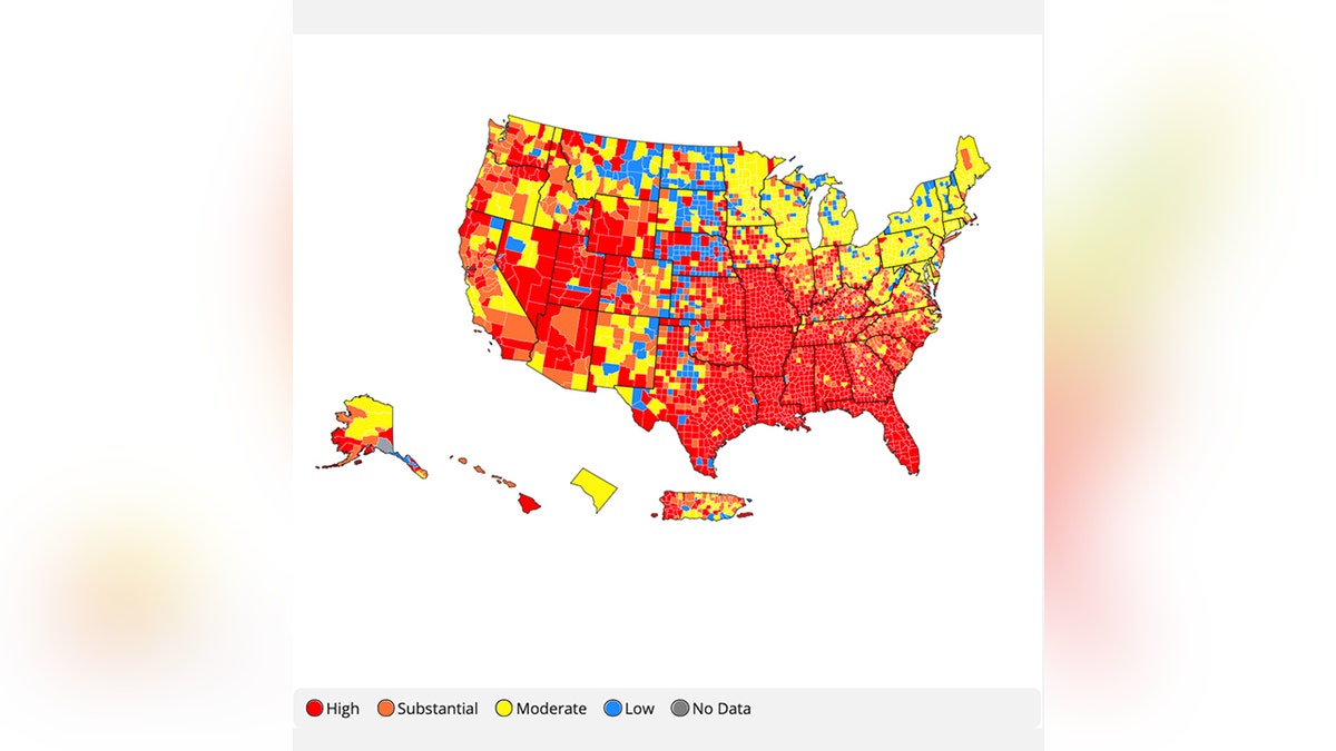 A county-level breakdown of community COVID-19 spread from July 19 to July 25. Per the CDC’s new guidance, in areas with substantial and high transmission, the agency recommends that fully vaccinated individuals wear a mask in public indoor settings to help prevent spread of delta and protect others.
