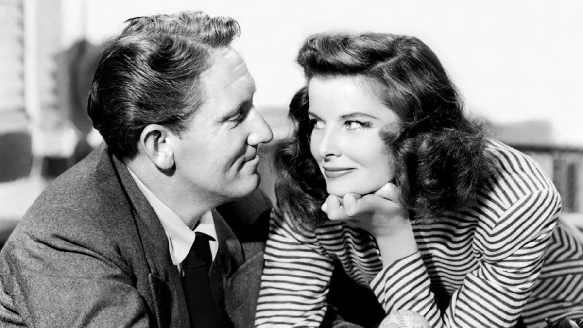 Actors Spencer Tracy as Sam Craig and Katharine Hepburn as Tess Harding in the romantic comedy film 'Woman of the Year', 1942.  