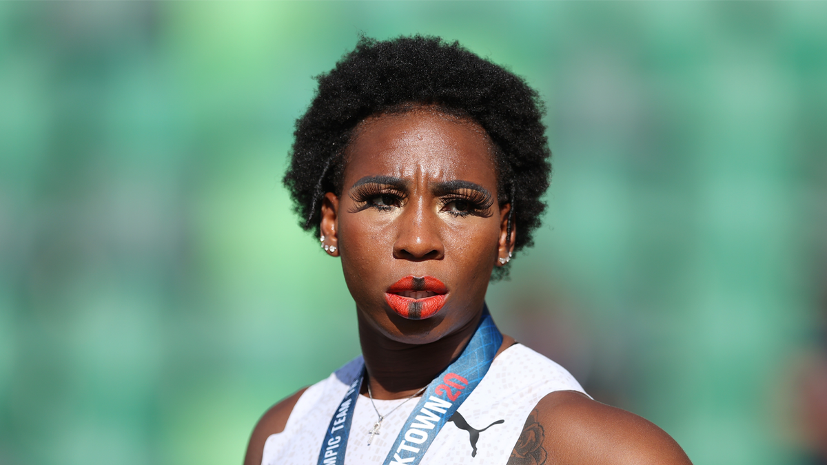 EUGENE, OREGON - JUNE 26: Gwendolyn Berry celebrates finishing third in the Women's Hammer Throw final on day nine of the 2020 U.S. Olympic Track &amp; Field Team Trials at Hayward Field on June 26, 2021 in Eugene, Oregon. (Photo by Patrick Smith/Getty Images)