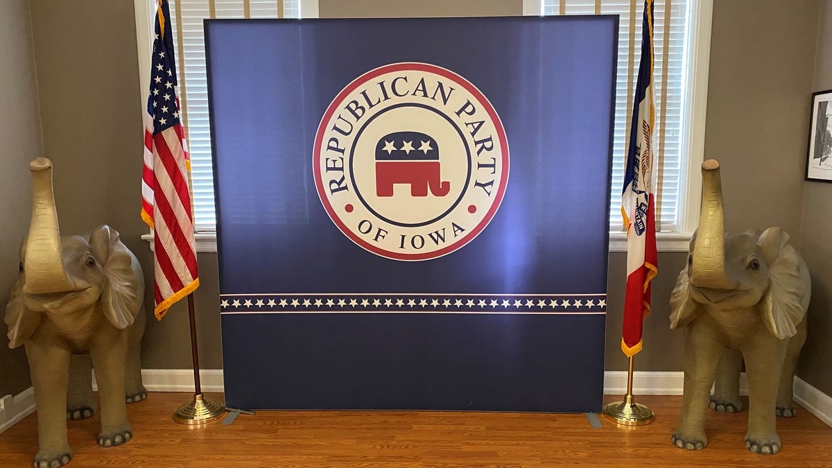 A display in a conference room at the Iowa GOP's headquarters, in Des Moines, Iowa on July 15. 2021.