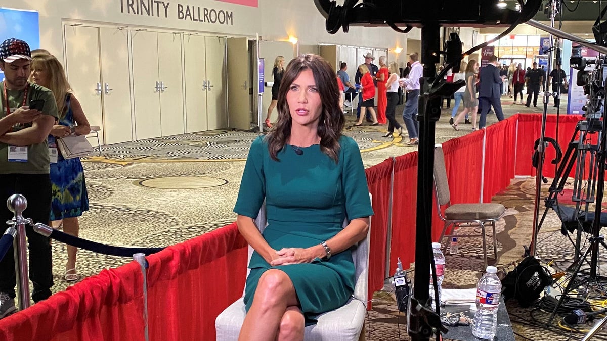 Republican Gov. Kristi Noem of South Dakota sits down for an interview with Fox News at CPAC Dallas, on July 11, 2021 in Dallas, Texas.