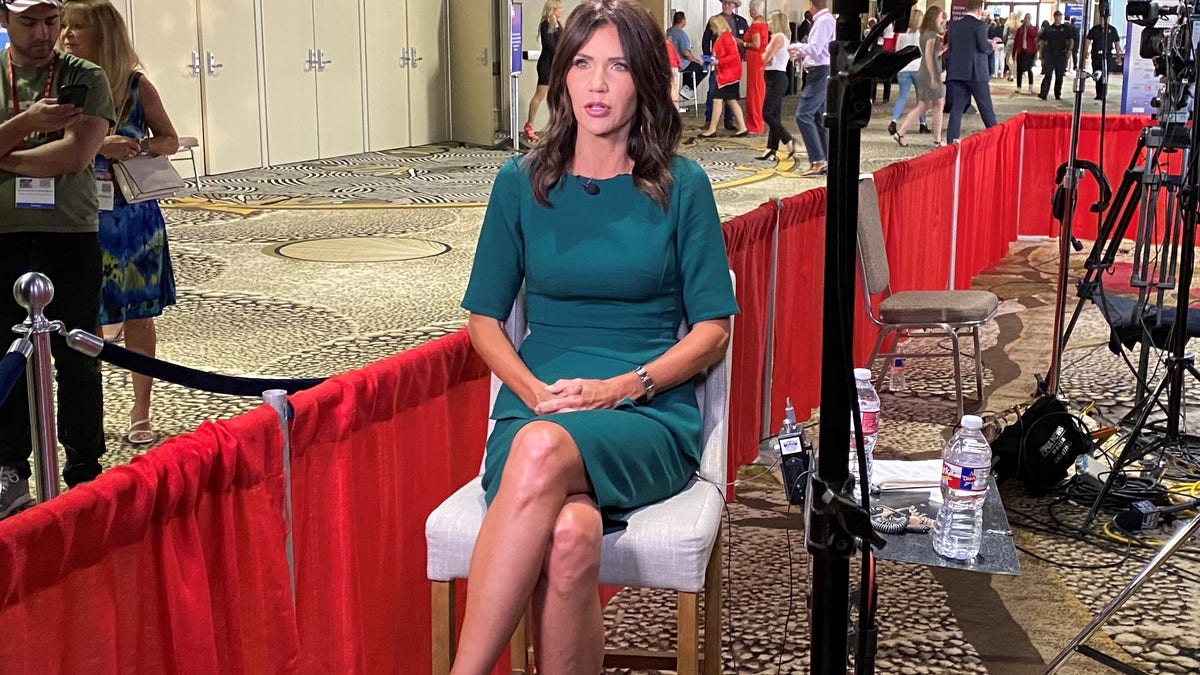 Republican Gov. Kristi Noem of South Dakota sits down for an interview with Fox News at CPAC Dallas, on July 11, 2021 in Dallas, Texas.