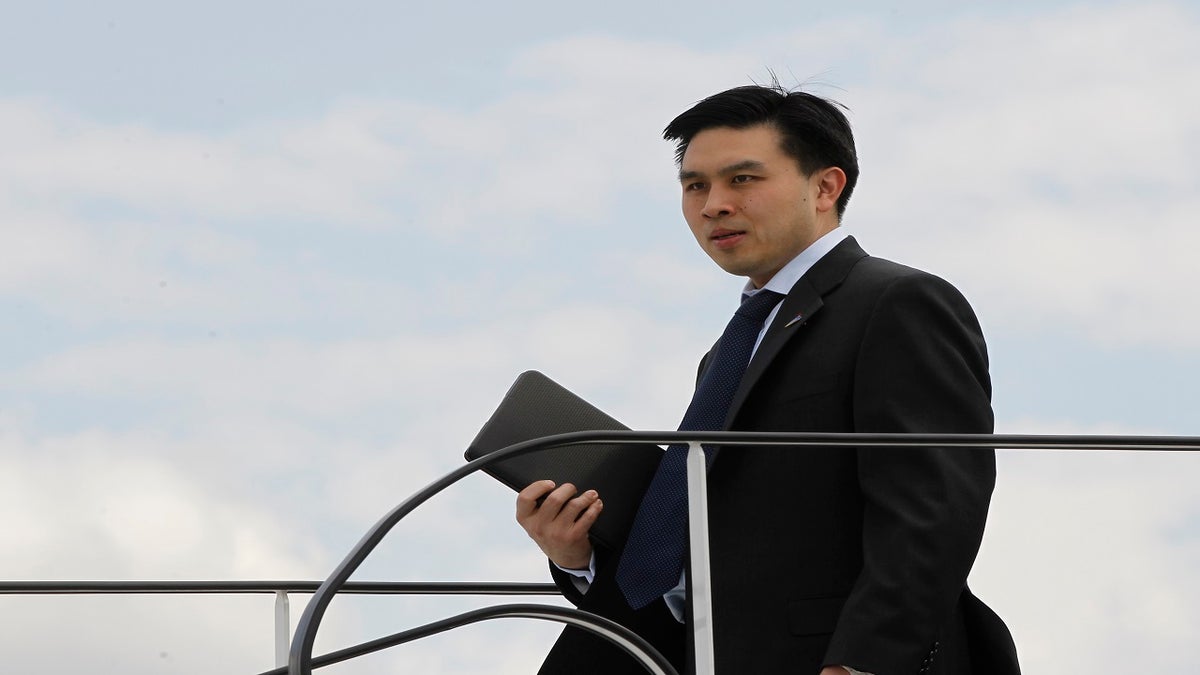Lanhee Chen, former policy director for Republican presidential candidate Mitt Romney, deplanes in Gdansk, Poland, in 2012. (AP)