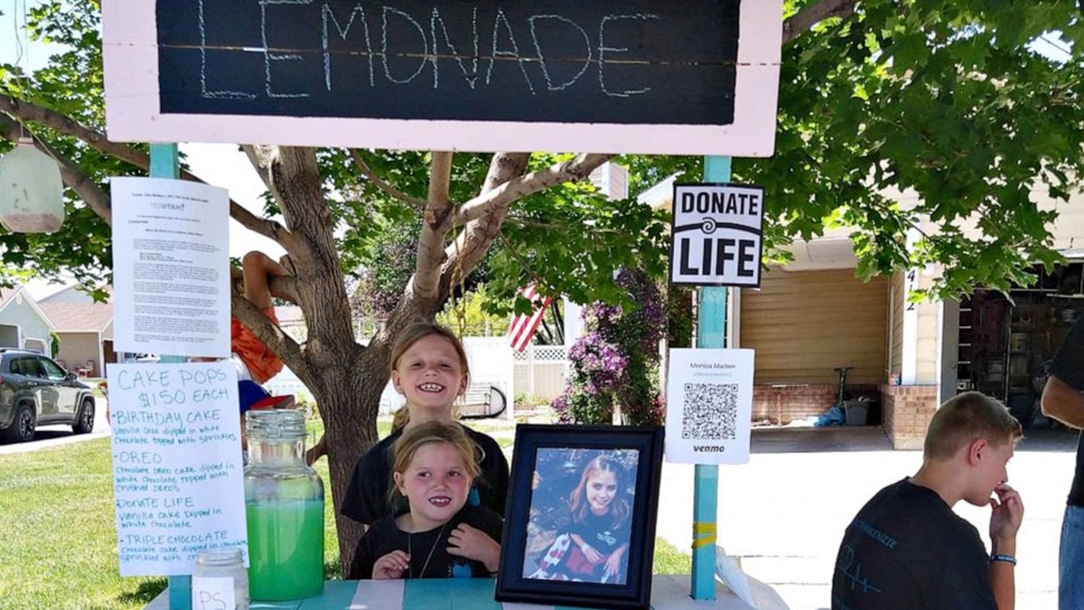 Sisters Myleigh Madsen, 9, and Makayla Madsen, 7, build a lemonade stand to raise awareness for organ donations to honor their late sister Makenzie. 