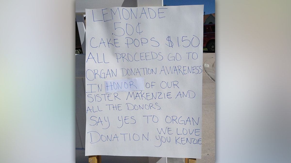 Growing up, Makenzie loved to bake and sell sweet treats like snow cones outside her family’s home, Monica said. Proceeds from the lemonade stand will go to DonorConnect, an organization that coordinates and registers donor registries. 