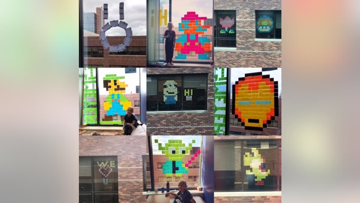 The Mixdorf family, Johnna Schindlbeck and Truman Medical Centers staff spent several weeks sending sticky note art to each other from their windows between May and July. Their designs included iconic characters from Nintendo, Marvel and Disney franchises, 