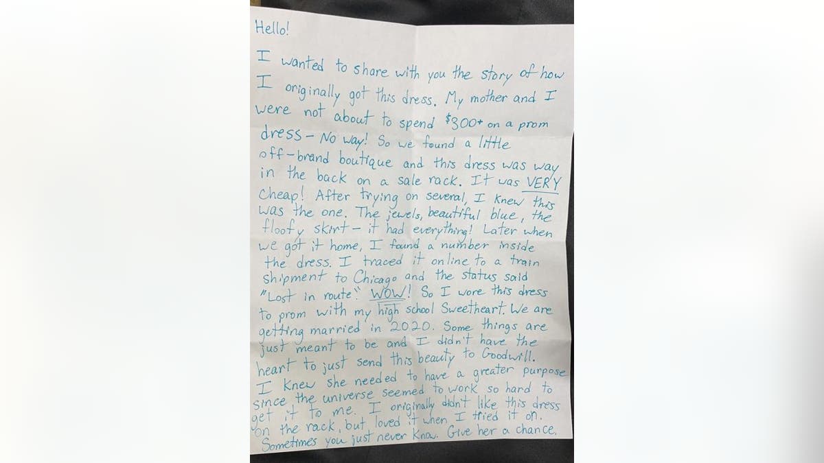 Jillian Nimick provided Fox News a photo of the letter she found attached to a teal prom dress, which was donated to her store Nimi Boutique. (Jillian Nimick)