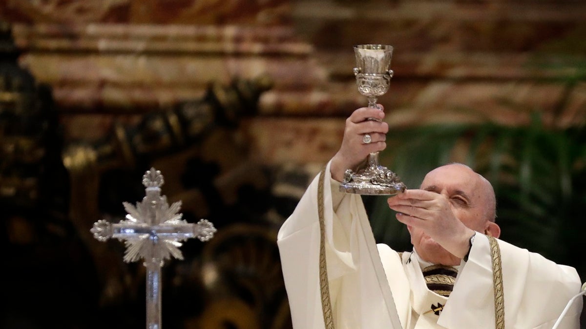 In this, Thursday, April 1, 2021 file photo, Pope Francis celebrates a Chrism Mass inside St. Peter's Basilica, at the Vatican. (AP)
