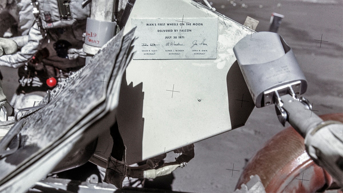 A commemorative plaque on the Lunar Roving Vehicle (LRV)