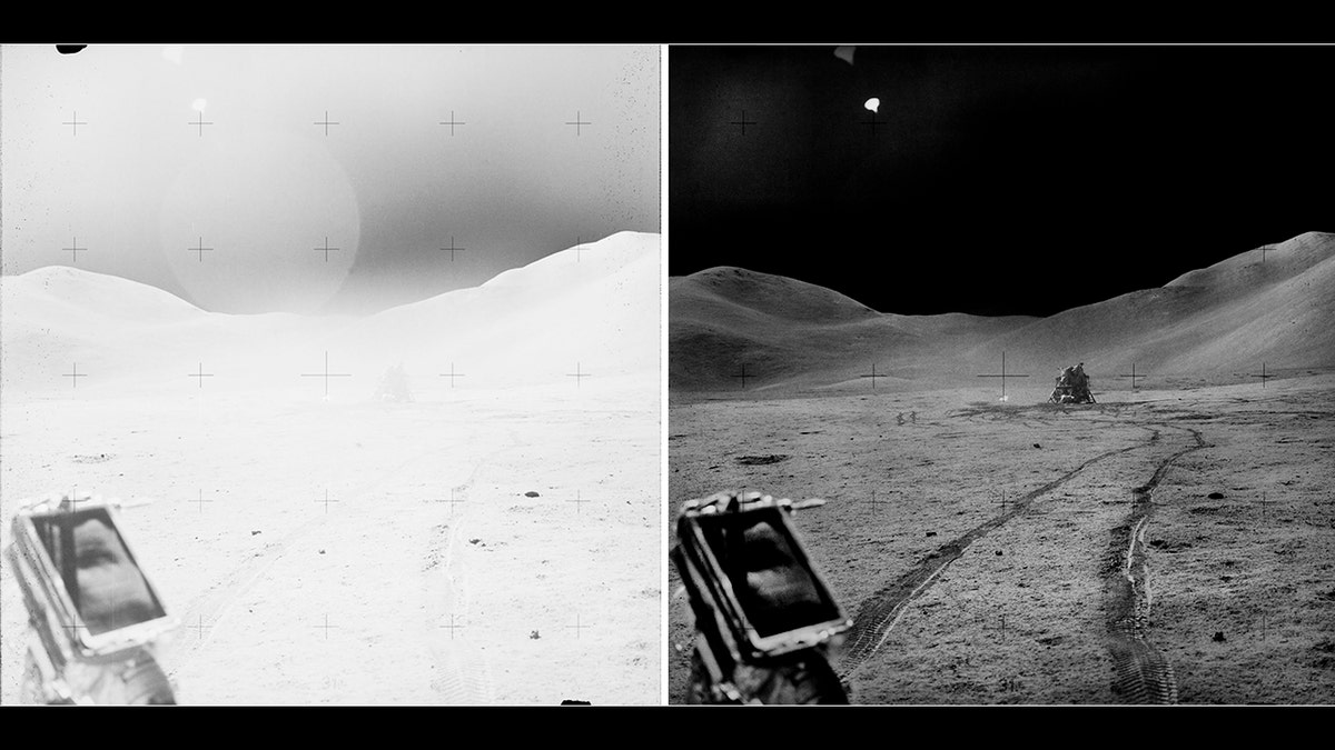 A "before and after" shot taken from the Lunar Roving Vehicle (LRV) showing the lunar module "Falcon"
