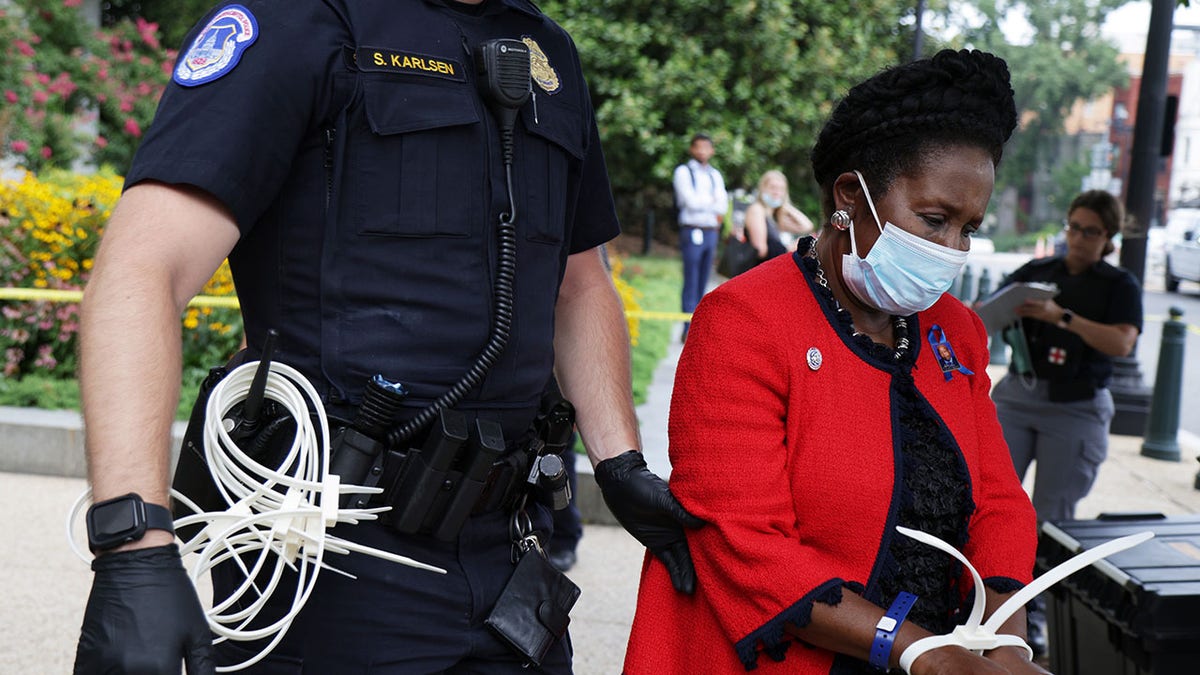 U.S. Rep. Sheila Jackson Lee, D-Texas, is arrested by a member of U.S. Capitol Police as she participates in a civil disobedience during a protest outside Hart Senate Office Building on Capitol Hill, July 29, 2021. (Getty Images)