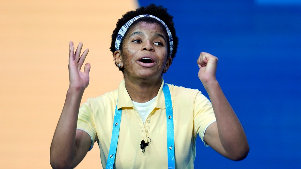 Zaila Avant-garde, 14, from Harvey, Louisiana reacts after spelling a word correctly during the finals of the 2021 Scripps National Spelling Bee at Disney World Thursday, July 8, in Lake Buena Vista, Fla. (AP Photo/John Raoux)