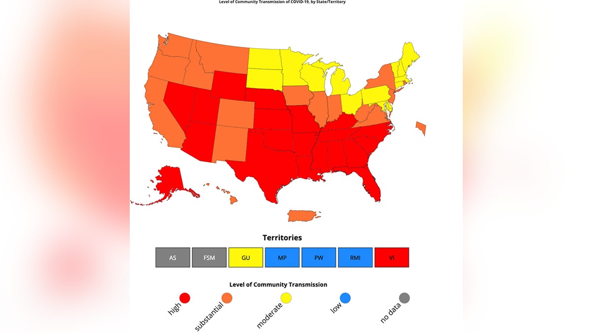 A state-level breakdown of community COVID-19 spread in the seven days leading up to July 27. States marked in red are grappling with high levels of community coronavirus spread; orange shading signifies substantial spread and yellow shading indicates moderate spread.