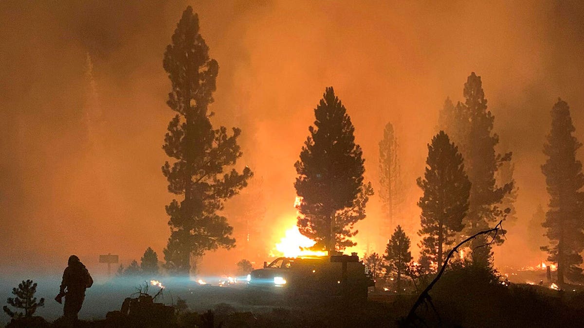 In this photo provided by the Bootleg Fire Incident Command, the Bootleg Fire burns at night in southern Oregon on Saturday, July 17, 2021. (Bootleg Fire Incident Command via AP)