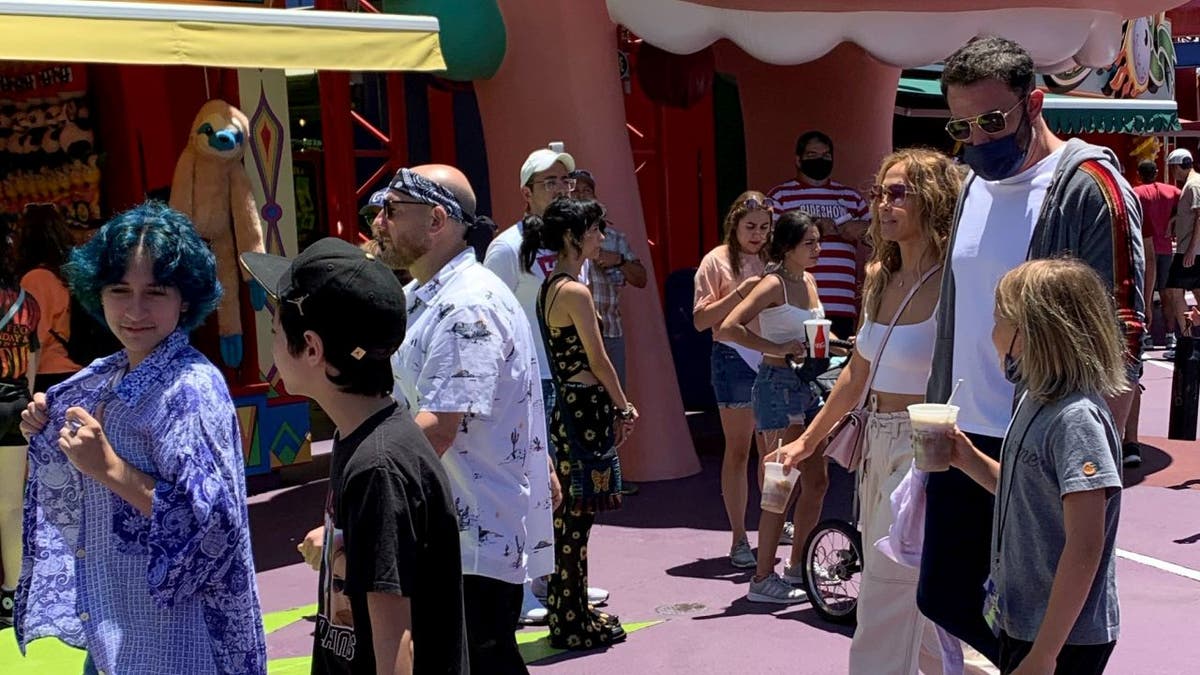 Jennifer Lopez and Ben Affleck went to Universal Studios Hollywood with their children on Friday, July 2, 2021. Lopez's twins Max and Emma, 13, and Affleck's son Samuel, 9 were present during the family trip. (Credit: SWNS)
