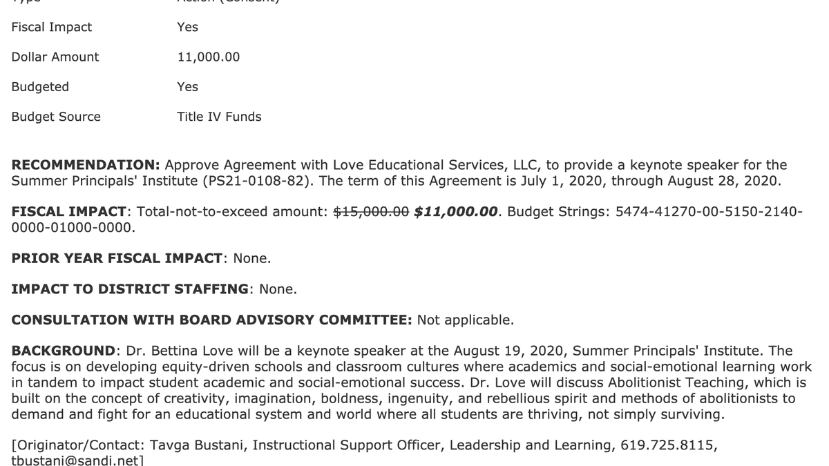 A screenshot of an agreement to pay Bettina Love $11,000 to give a keynote speech for the San Diego Unified School District's Summer Principal's Institute.