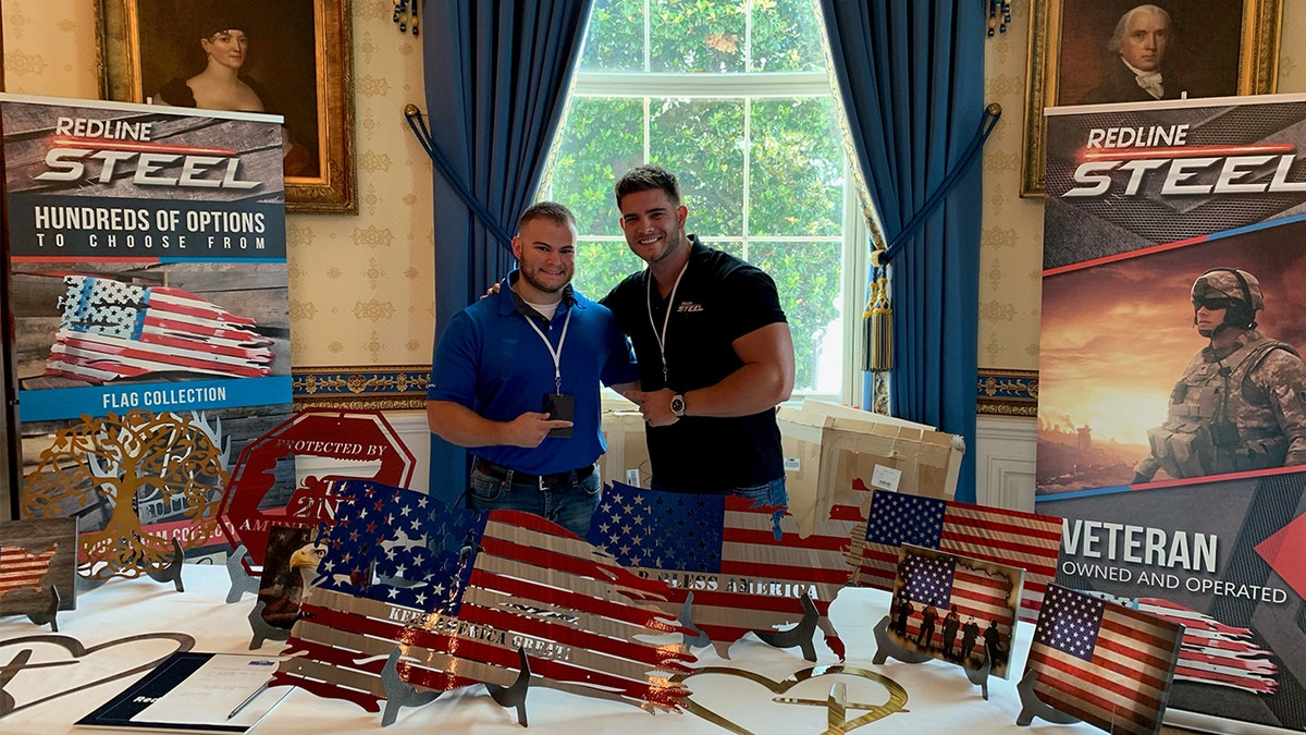 Colin Wayne, an Army combat veteran and CEO of Redline Steel in Alabama, on the right, with his brother, Coleman Erwin (L), an Army veteran. The picture was taken on July 15, 2019, at the White House when Redline Steel was invited to be part of the "Made in America" business showcase.